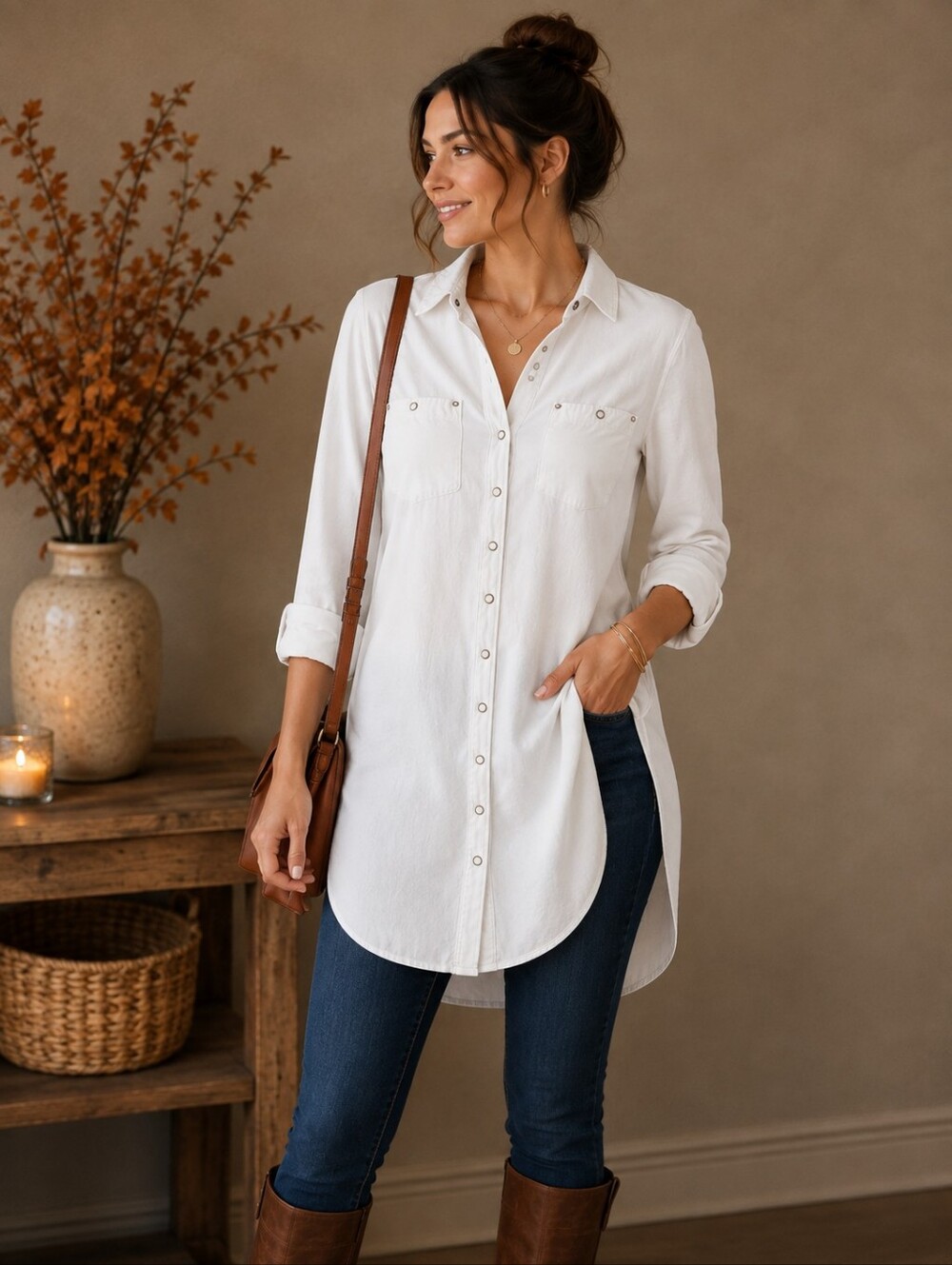 Soyaconcept | 100% Lyocell Longline Snap-Button Tunic Shirt Dress, Size S